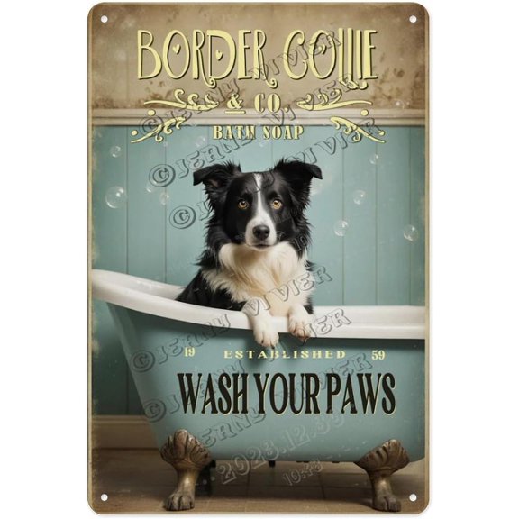 Border Collie Wash Your Paws 12x16 Inch Aluminum Sign Intelligent Dog Metal Sign for Mudroom or Entryway, Funny Reminder for Herding Breed Fans
