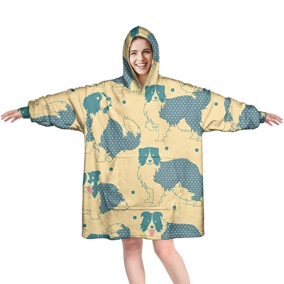 Border Collie Wearable Oversized Blanket,Wearable Blanket Hoodie for Adults,Cozy Hooded Blankets with Super Pockets,Super Warm Fuzzy Pullover for Women & Men