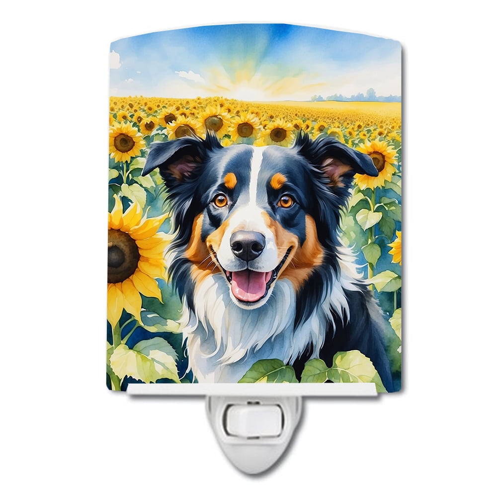 Border Collie in Sunflowers Ceramic Night Light 4 in x 6 in