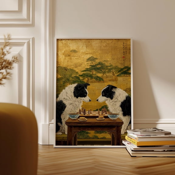 Border Collies Chess Poster Japanese Gold Screen Style Print Home Decor Office Wall Art