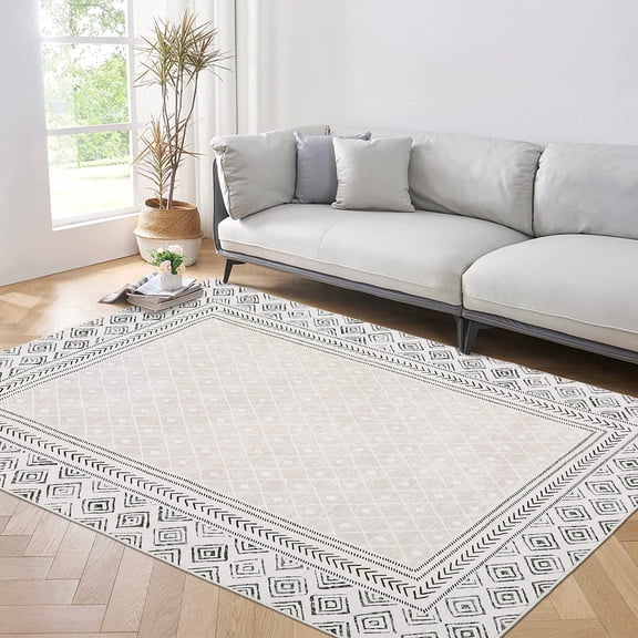 Border Geometric Rug, Non-Slip Washable Low Pile Thin Area Rug, Foldable Accent Carpet for Living Room, Bedroom, Dining Room, and Office