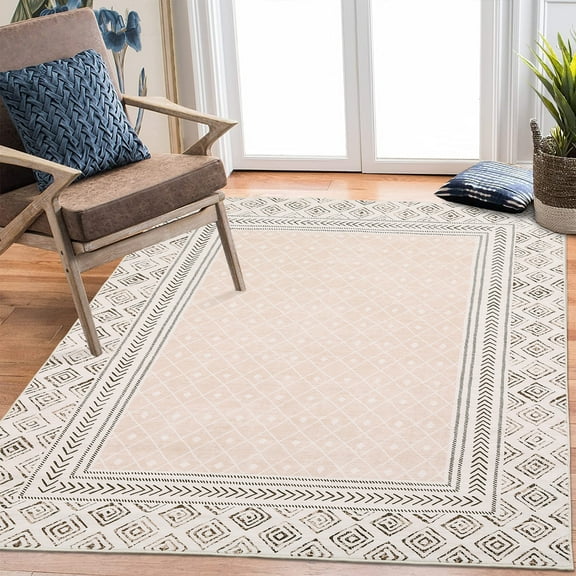 Border Geometric Rug, Non-Slip Washable Low Pile Thin Area Rug, Foldable Accent Carpet for Living Room, Bedroom, Dining Room, and Office