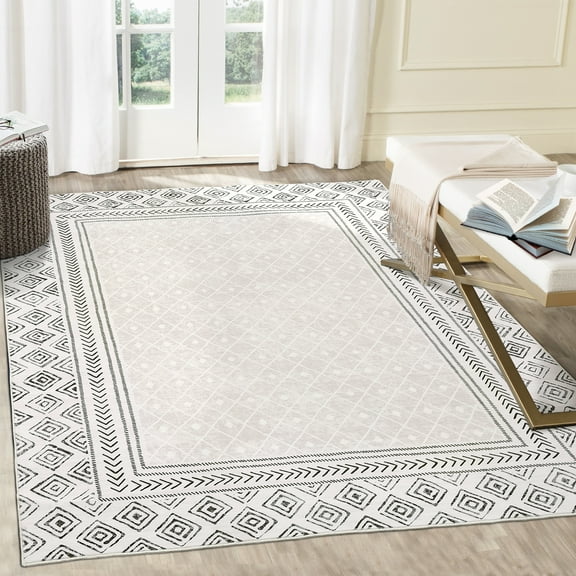 Border Geometric Rug, Non-Slip Washable Low Pile Thin Area Rug, Foldable Accent Carpet for Living Room, Bedroom, Dining Room, and Office