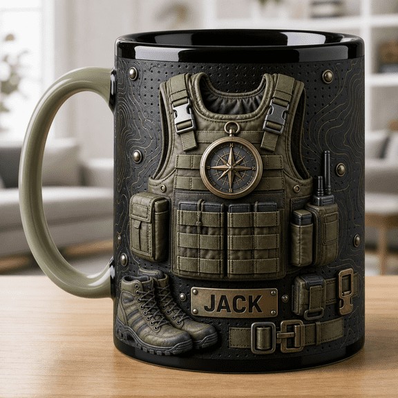 Border Patrol Style Accent Mug Custom Dad Gift with Compass Field Vest Boots