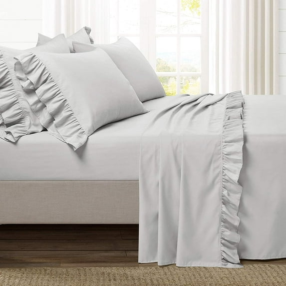 Border Ruffle Sheet Set 6 Piece, 300 Thread Count, 100% Egyptian Cotton, 10" Deep Pocket, Sateen Weave Finish Sheet Set - Light Gray Solid, Twin Size.