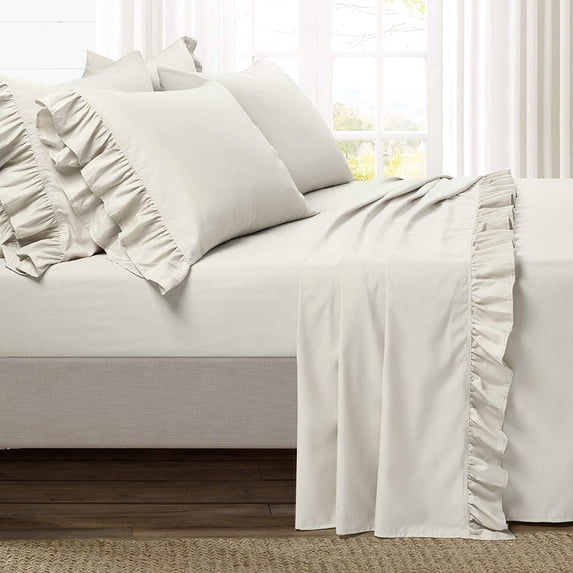 Border Ruffle Sheet Set 6 Piece, 300 Thread Count, 100% Egyptian Cotton, 12" Deep Pocket, Sateen Weave Finish Sheet Set - Ivory Solid, Twin Size.