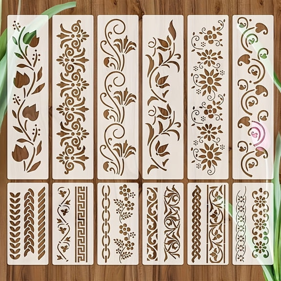 Border Stencils for Painting, 12 Pcs Reusable Plastic Floral Vine Stencil Set, 2 Sizes Long Edge Templates for DIY Crafts, Wall, Furniture, Wood, Canvas Home Decor Art Projects