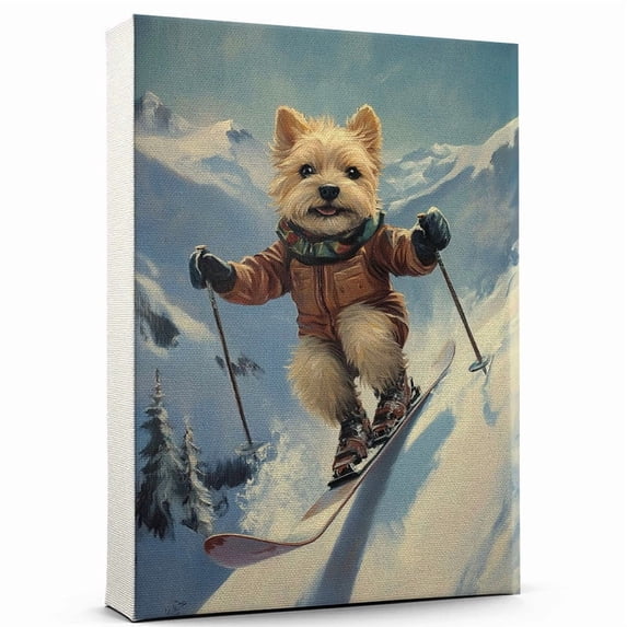 Border Terrier Cute Dog Skiing Stretched Canvas Size 8x12 – Retro Border Terrier Dog Batter in Action With Skiing for Themed Living Room