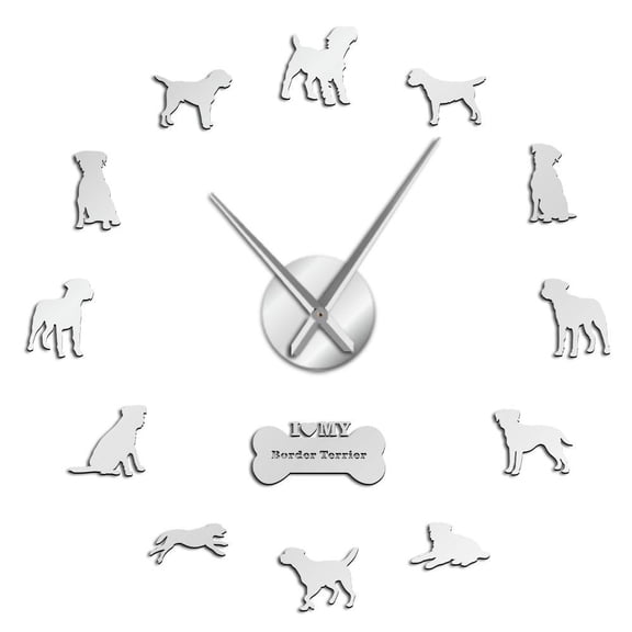 Border Terrier Pet Dog Silhouette Frameless Wall Clock Stickers, DIY Modern Decorative Clocks for Living Room, Bedroom, Office - Easy to Install, Large 3D Clock Design (Silver,37in)
