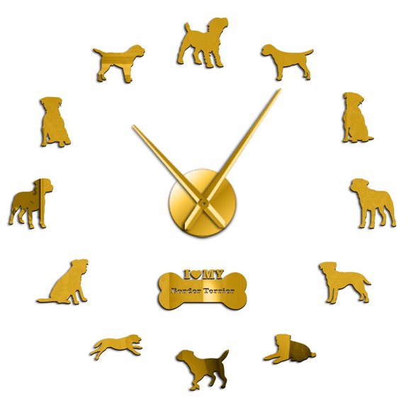 Border Terrier Pet Dog Silhouette Frameless Wall Clock Stickers, DIY Modern Decorative Clocks for Living Room, Bedroom, Office - Easy to Install, Large 3D Clock Design (Gold,37in)