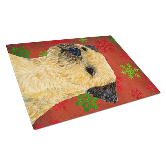 Border Terrier Red and Green Snowflakes Holiday Christmas Glass Cutting Board Large