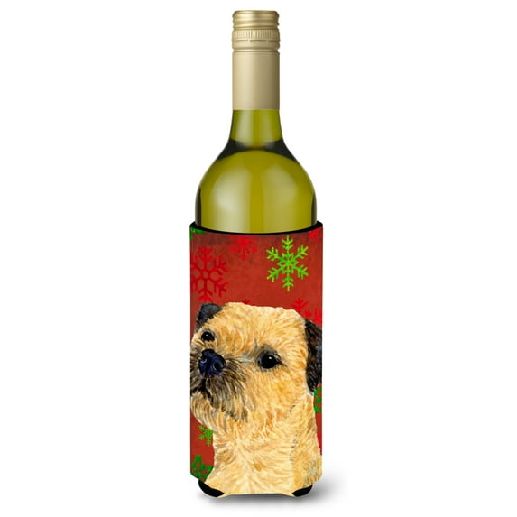 Border Terrier Red and Green Snowflakes Holiday Christmas Wine Bottle Hugger