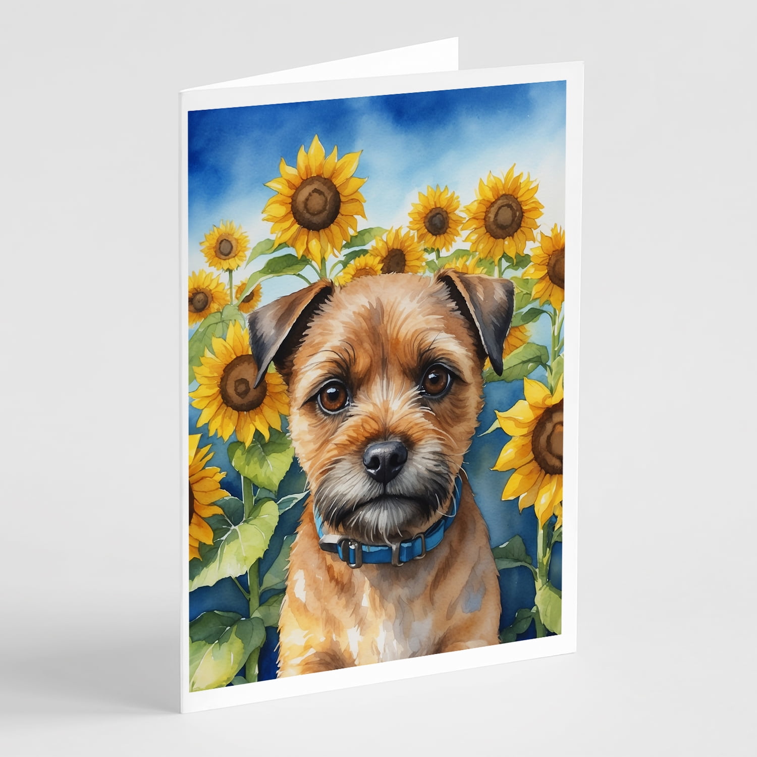 Border Terrier in Sunflowers Greeting Cards Pack of 8 7 in x 5 in