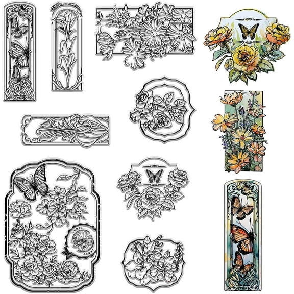 Bordered Flower Clear Rubber Stamps for Card Silicone Stamps Making Butterfly Flower Border Transparent Rubber Stamps DIY Photo Album Crafting Scrapbooking Decoration Stainless Steel Color