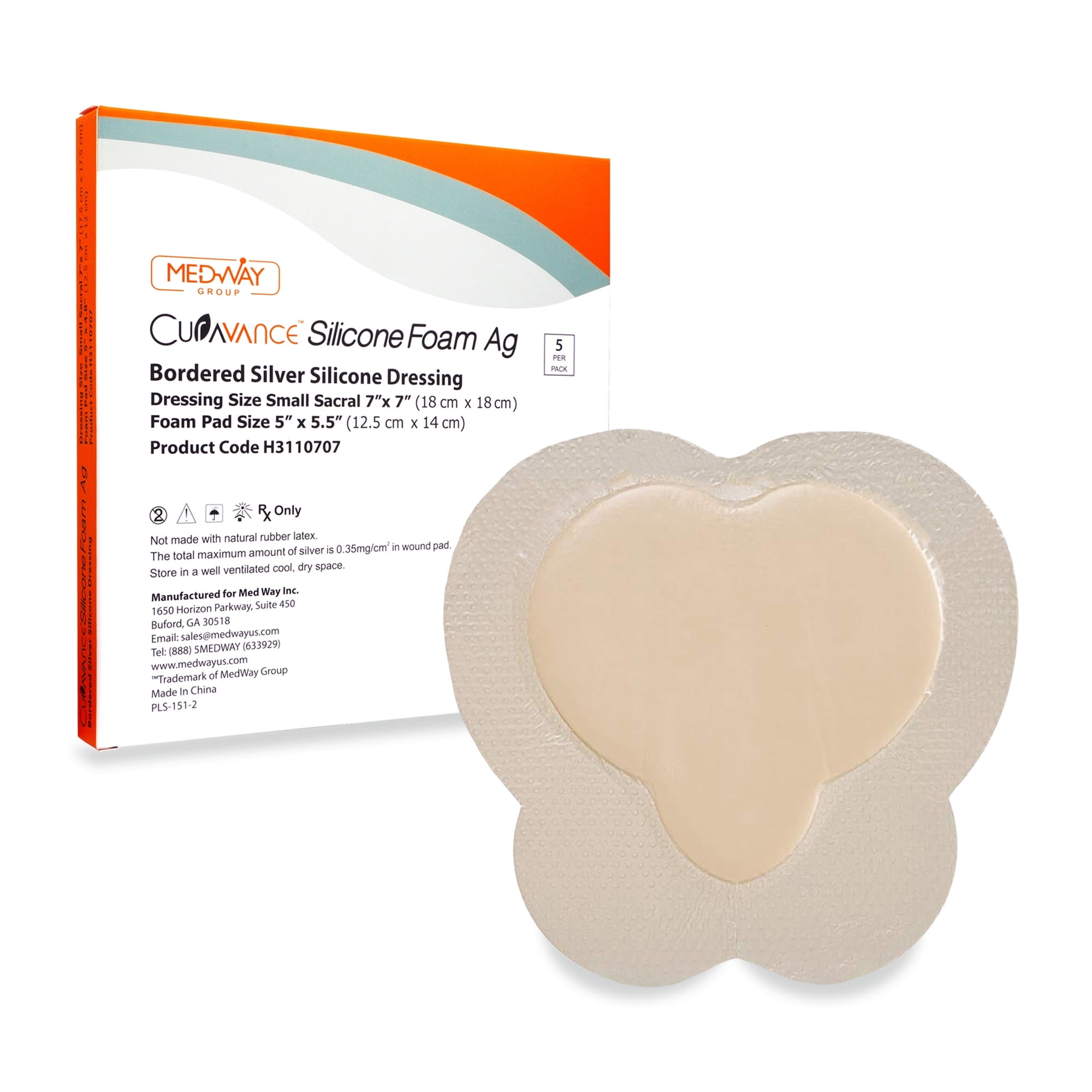 Bordered Silver Silicone Ag Sterile Highly Absorbent Antibacterial Dressing, Sacral, Sacrum 7"x 7" (4.9"x 4.7" Pad), 5 dressings, MedHeal by MedvanceTM /Box