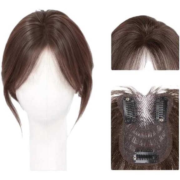 Borderless Design Lace Human Hair Toppers for Women Clips in False Bangs Fringe Hairpiece For Cover Thinning Grey Hair (7 * 9 Brown Mid Bangs)