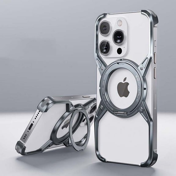 Borderless Metal Phone Case For iPhone 15 Pro Max,360° Rotatable Ring Kickstand,Minimalist Bezel Less Heat Dissipation Cover,Shockproof Rugged Anti-fall Bumper Frameless Phone Case,Gray