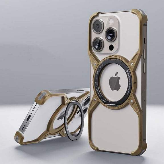 Borderless Metal Phone Case For iPhone 16,360° Rotatable Ring Kickstand,Minimalist Bezel Less Heat Dissipation Cover,Shockproof Rugged Anti-fall Bumper Frameless Phone Case,Desertgold