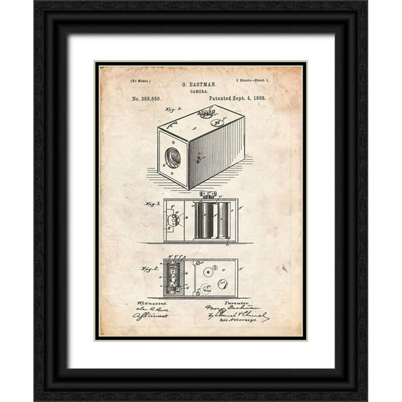 Borders, Cole 12x14 Black Ornate Wood Framed with Double Matting Museum Art Print Titled - PP126- Vintage Parchment Eastman Kodak Camera Patent Poster