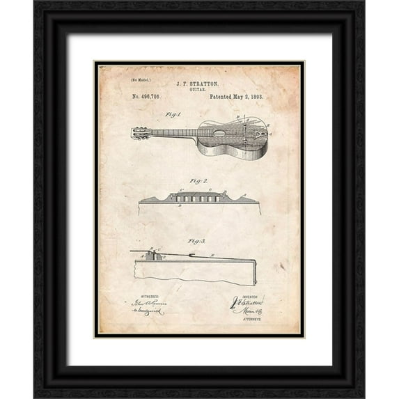 Borders, Cole 12x14 Black Ornate Wood Framed with Double Matting Museum Art Print Titled - PP139- Vintage Parchment Stratton And Son Acoustic Guitar Patent Poster