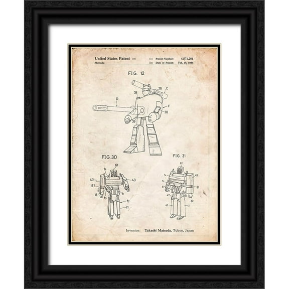 Borders, Cole 12x14 Black Ornate Wood Framed with Double Matting Museum Art Print Titled - PP184- Vintage Parchment Megatron Transformer Patent Poster