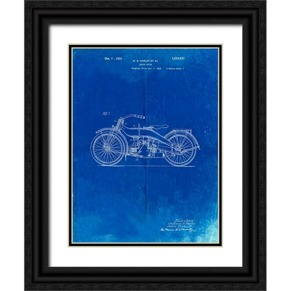 Borders, Cole 12x14 Black Ornate Wood Framed with Double Matting Museum Art Print Titled - PP194- Faded Blueprint Harley Davidson Motorcycle 1919 Patent Poster