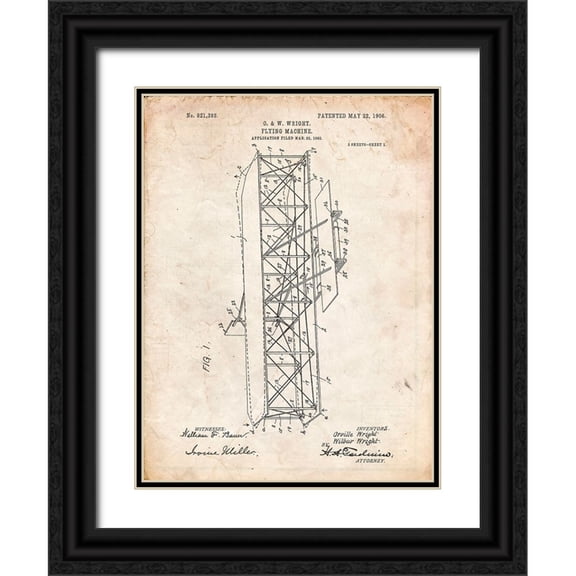 Borders, Cole 12x14 Black Ornate Wood Framed with Double Matting Museum Art Print Titled - PP288-Vintage Parchment Wright Brothers Flying Machine Patent Poster