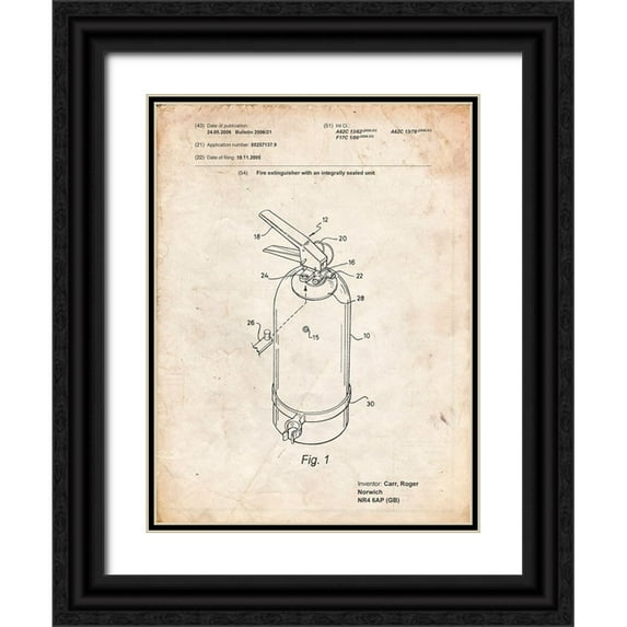 Borders, Cole 12x14 Black Ornate Wood Framed with Double Matting Museum Art Print Titled - PP396-Vintage Parchment Modern Fire Extinguisher Patent Poster