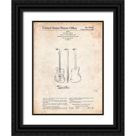 Borders, Cole 12x14 Black Ornate Wood Framed with Double Matting Museum Art Print Titled - PP417-Vintage Parchment Fender Jazzmaster Guitar Patent Poster