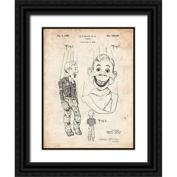 Borders, Cole 12x14 Black Ornate Wood Framed with Double Matting Museum Art Print Titled - PP628-Vintage Parchment Howdy Doody Marionette Patent Poster