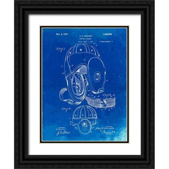 Borders, Cole 12x14 Black Ornate Wood Framed with Double Matting Museum Art Print Titled - PP73-Faded Blueprint Football Leather Helmet 1927 Patent Poster