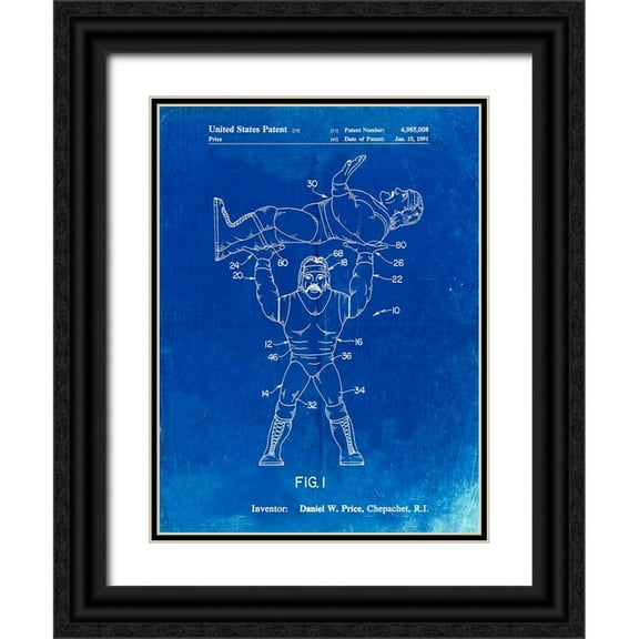 Borders, Cole 12x14 Black Ornate Wood Framed with Double Matting Museum Art Print Titled - PP885-Faded Blueprint Hulk Hogan Wrestling Action Figure Patent Poster