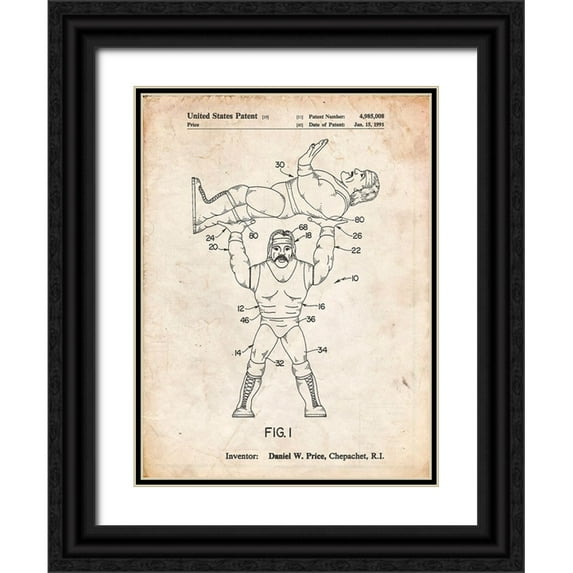Borders, Cole 12x14 Black Ornate Wood Framed with Double Matting Museum Art Print Titled - PP885-Vintage Parchment Hulk Hogan Wrestling Action Figure Patent Poster