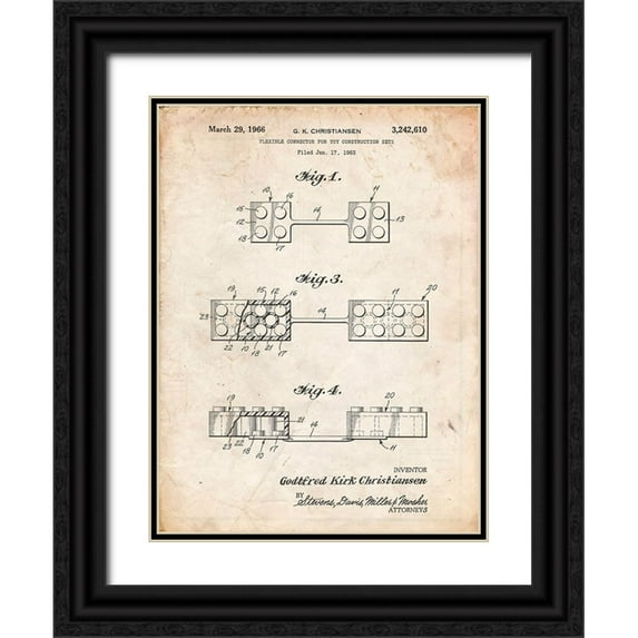 Borders, Cole 12x14 Black Ornate Wood Framed with Double Matting Museum Art Print Titled - PP926-Vintage Parchment Lego Flexible Connector Patent Poster