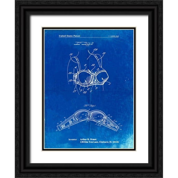 Borders, Cole 12x14 Black Ornate Wood Framed with Double Matting Museum Art Print Titled - PP1004-Faded Blueprint Push-up Bra Patent Poster