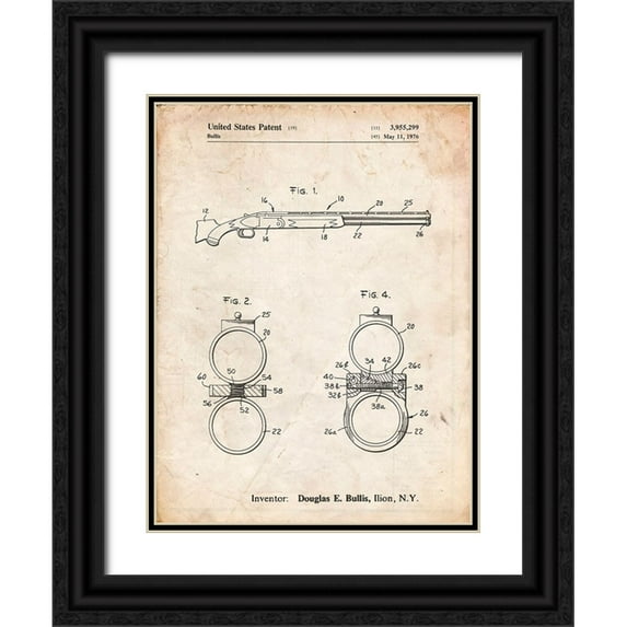 Borders, Cole 12x14 Black Ornate Wood Framed with Double Matting Museum Art Print Titled - PP1012-Vintage Parchment Remington Shotgun Patent Print
