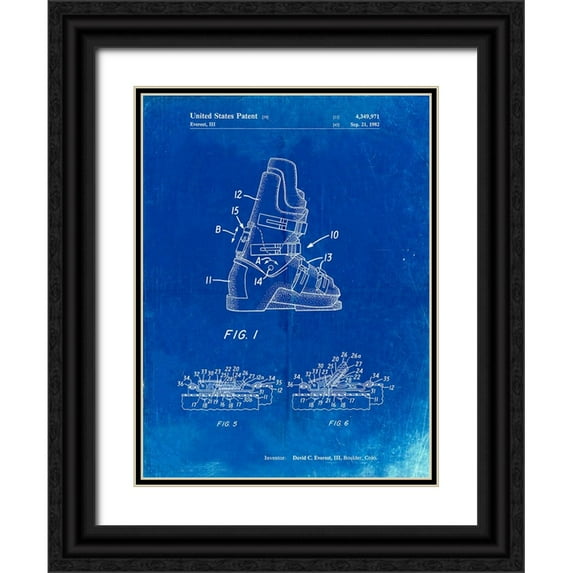 Borders, Cole 12x14 Black Ornate Wood Framed with Double Matting Museum Art Print Titled - PP1037-Faded Blueprint Ski Boots Patent Poster