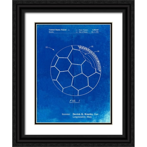 Borders, Cole 12x14 Black Ornate Wood Framed with Double Matting Museum Art Print Titled - PP1047-Faded Blueprint Soccer Ball Layers Patent Poster