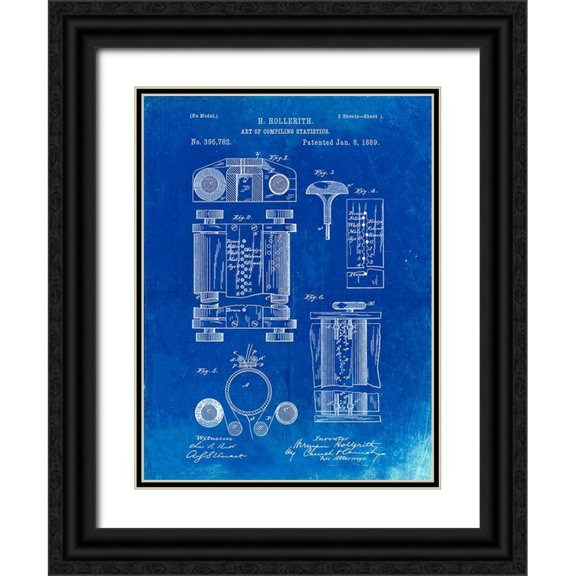 Borders, Cole 12x14 Black Ornate Wood Framed with Double Matting Museum Art Print Titled - PP110-Faded Blueprint Hollerith Machine Patent Poster