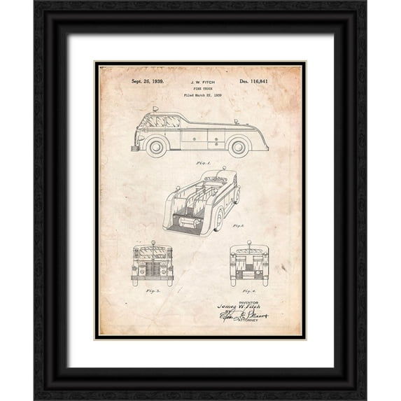 Borders, Cole 12x14 Black Ornate Wood Framed with Double Matting Museum Art Print Titled - PP128- Vintage Parchment Firetruck 1939 Patent Poster