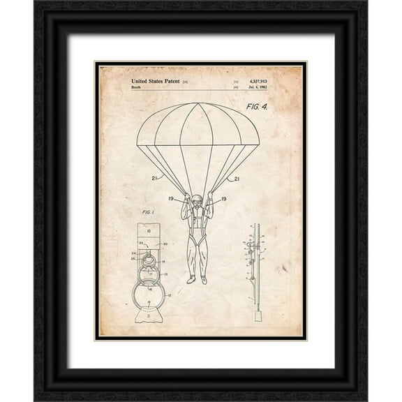 Borders, Cole 12x14 Black Ornate Wood Framed with Double Matting Museum Art Print Titled - PP187- Vintage Parchment Parachute 1982 Patent Poster