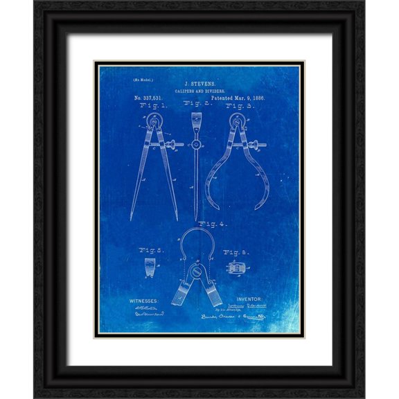 Borders, Cole 12x14 Black Ornate Wood Framed with Double Matting Museum Art Print Titled - PP285-Faded Blueprint Calipers and Dividers Patent Poster