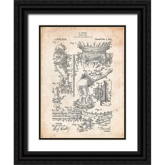 Borders, Cole 12x14 Black Ornate Wood Framed with Double Matting Museum Art Print Titled - PP32-Vintage Parchment Houdini Diving Suit Patent Poster