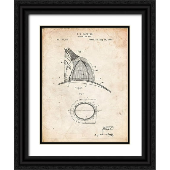Borders, Cole 12x14 Black Ornate Wood Framed with Double Matting Museum Art Print Titled - PP38-Vintage Parchment Vintage Firemans Helmet 1889 Poster