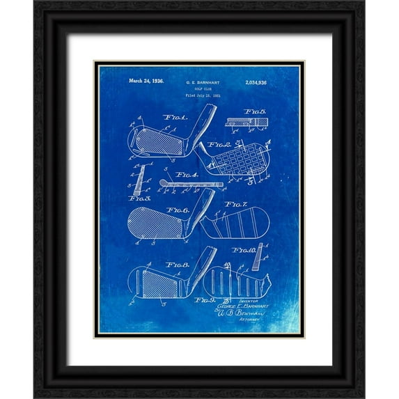 Borders, Cole 12x14 Black Ornate Wood Framed with Double Matting Museum Art Print Titled - PP4-Faded Blueprint Golf Club Faces Patent Poster