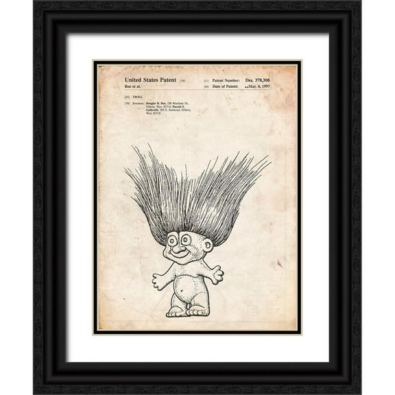 Borders, Cole 12x14 Black Ornate Wood Framed with Double Matting Museum Art Print Titled - PP406-Vintage Parchment Troll Doll Patent Poster