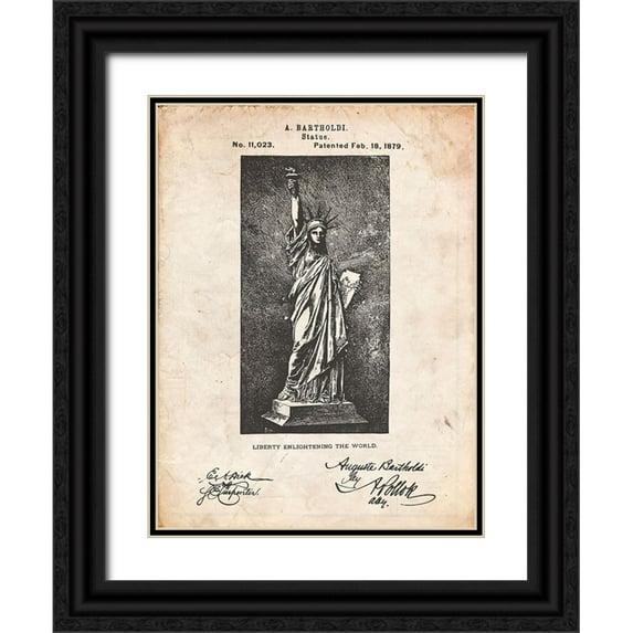 Borders, Cole 12x14 Black Ornate Wood Framed with Double Matting Museum Art Print Titled - PP474-Vintage Parchment Statue Of Liberty Poster
