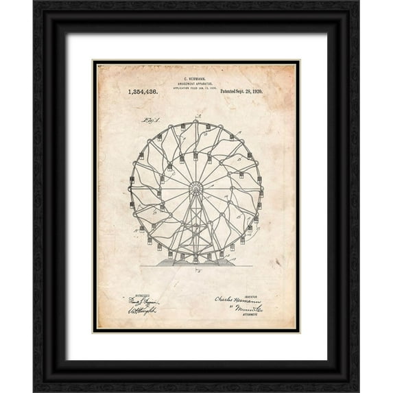 Borders, Cole 12x14 Black Ornate Wood Framed with Double Matting Museum Art Print Titled - PP615-Vintage Parchment Ferris Wheel 1920 Patent Poster