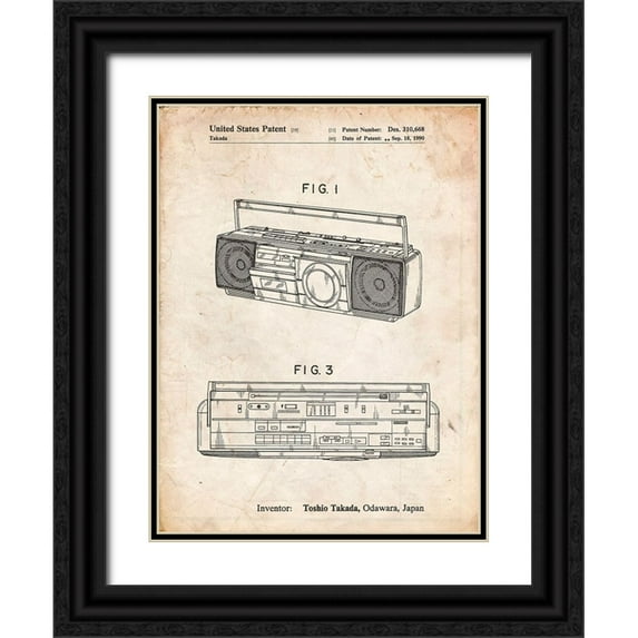 Borders, Cole 12x14 Black Ornate Wood Framed with Double Matting Museum Art Print Titled - PP752-Vintage Parchment Boom Box Patent Poster