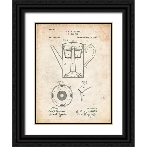 Borders, Cole 12x14 Black Ornate Wood Framed with Double Matting Museum Art Print Titled - PP78-Vintage Parchment Coffee Percolator 1880 Patent Art